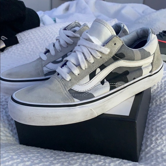 gray camo vans slip on